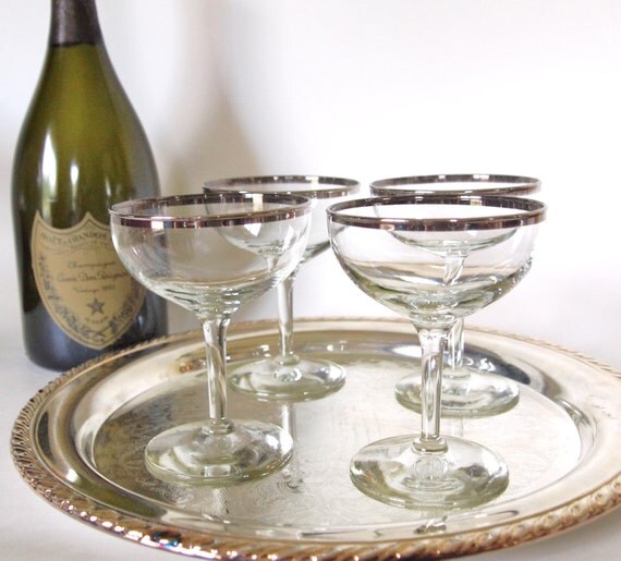Vintage Champagne Coupe Glasses with Silver Rims Mid Century