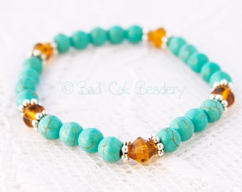 Turquoise Blue Bead Stretch Stack Bracelet, Brown Crystal, Silver Bead Stretch Bracelet