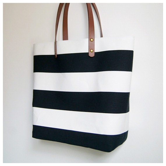 Black and White Bold Striped Tote Bag with Leather Handles