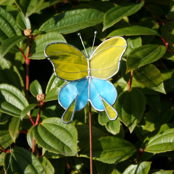 Stained Glass Butterfly Garden Stake Yellow and Sky Blue