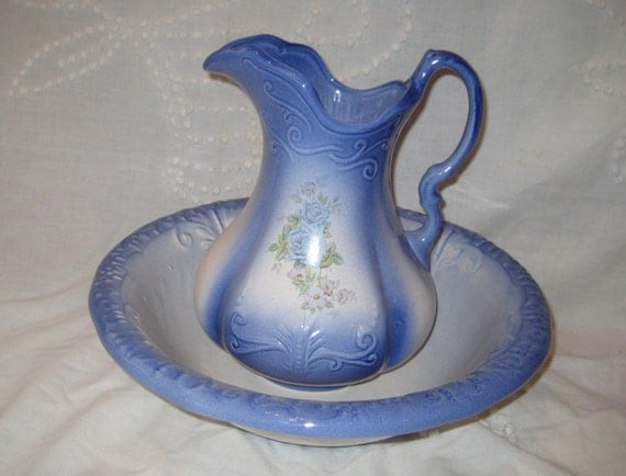 Antique Pitcher and Wash Basin Ironstone Blue Picher and Bowl