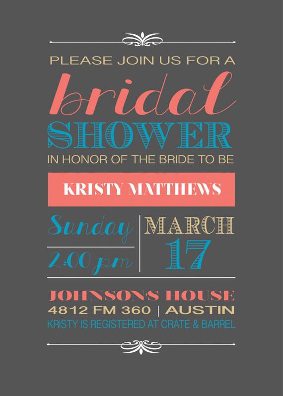 Printable Typography Bridal Shower Invitations - Vintage, Rustic