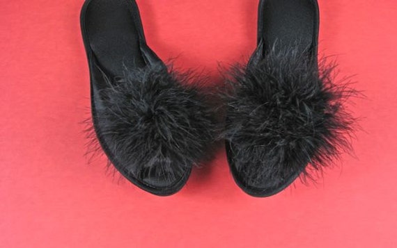 Black Nylon Slippers with Marabou / sz 8.5 by AliceBlueGownVintage