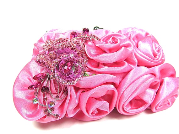 Pink Rosette Crystal Brooch Bridal Clutch Wedding Purse