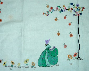 Vintage 1940s linen hand embroidered tablecloth - excellent condition