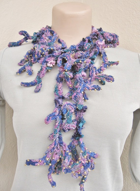 Items similar to GIFT for her. Long crochet scarf withgolden beads