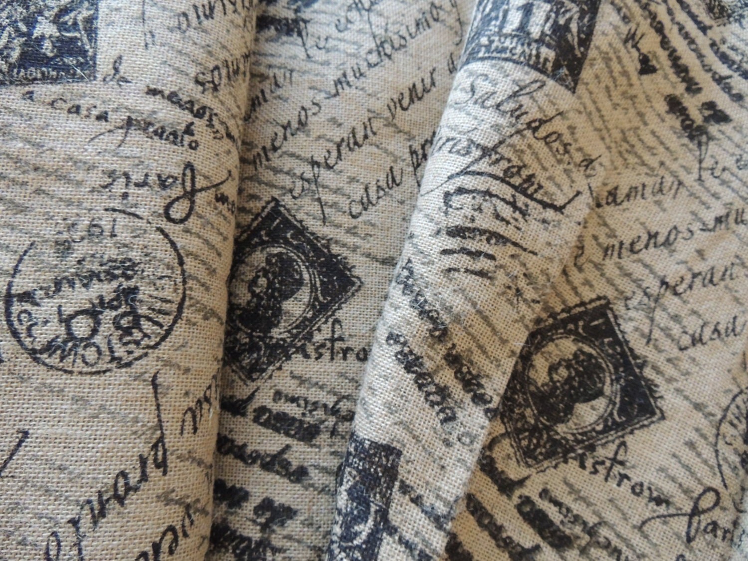 Lovely French Postage Stamp PRINTED BURLAP Fabric by OldPaperCat