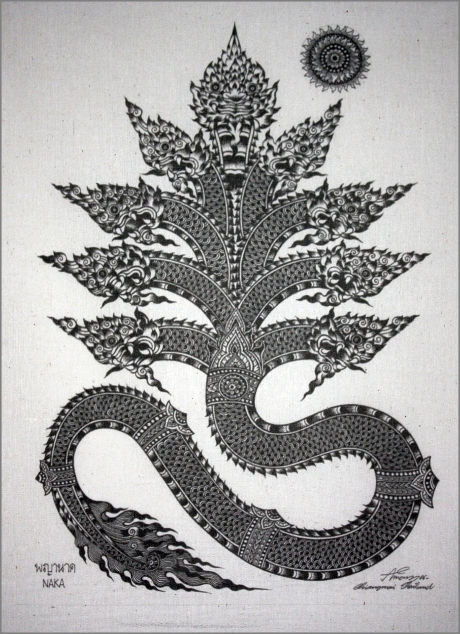  Thai  traditional art  of Naga  by printing on Natural colors