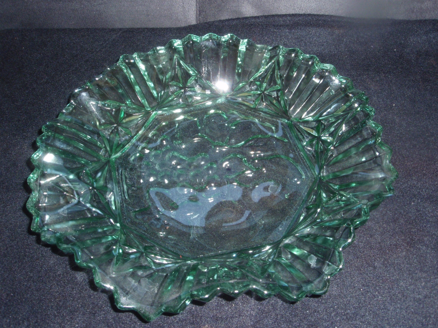 Vintage Green Glass Bowl with Fruit decoration Large