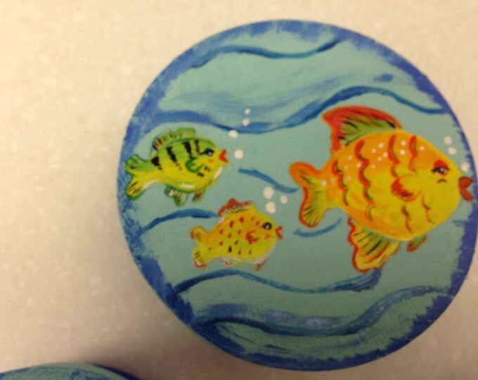 3 piece set - pressed wood boxes - painted with colorful fish on top.