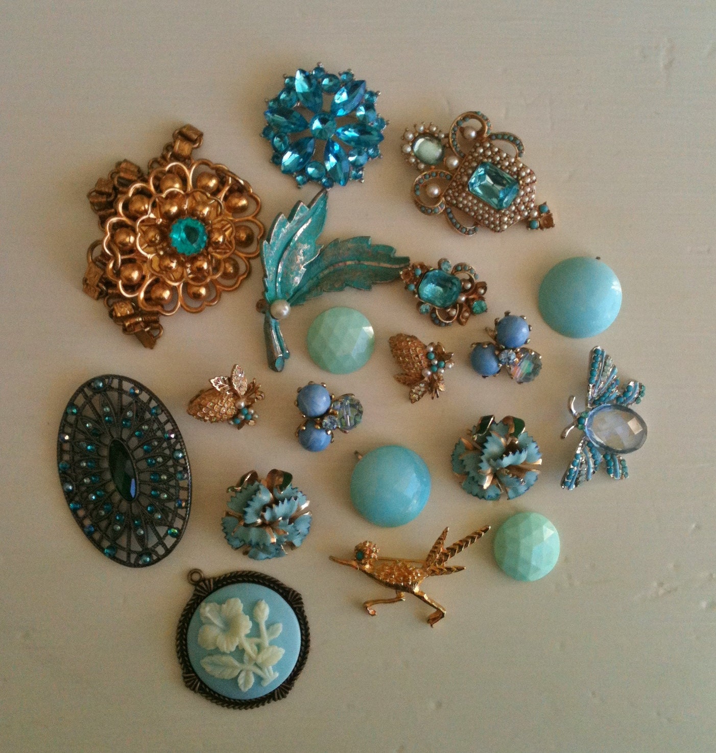 Vintage Costume Jewelry SALE Turquoise Blue Rhinestone