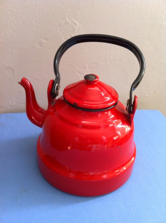 Vintage Tea Kettle Red Enamel European