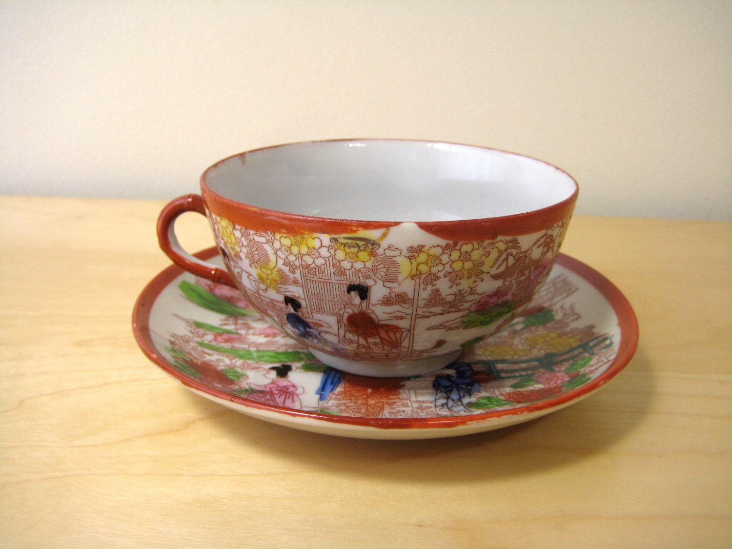 hand and Welcome cups second vintage  tea saucers back