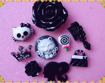 Mix Black Large flower & Cat Decoden kit bling cabochons 9pcs