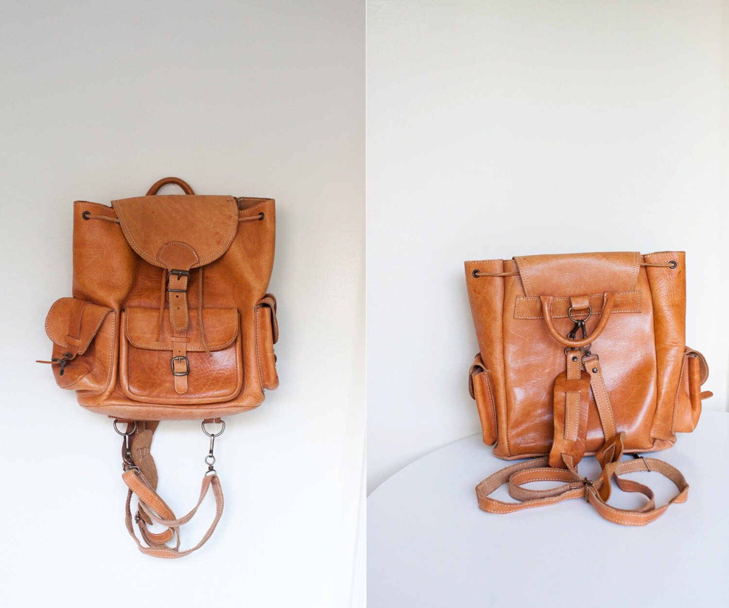 Vintage Leather Rucksack Satchel Bag golden by