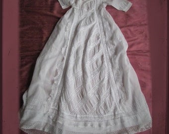 Fabulous Antique French Christening Gown Embroidered Lace - White Victorian - Baby Vintage Dress White embroideries from France