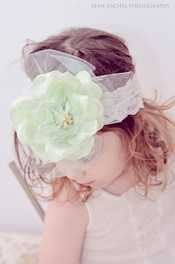 Mint Green Stretch Lace Headband Flower Girl by RubyandCordelias