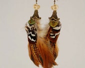 Bali wood shop feather earring - skull stone - amazon  tribal gypsy fairy  trance pirate steampunk gothic