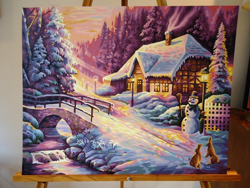 Vintage Paint By Number Snow Scene Cottage Bunnies Snowman