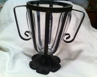 Vintage Glass and Wrought Iron Vase