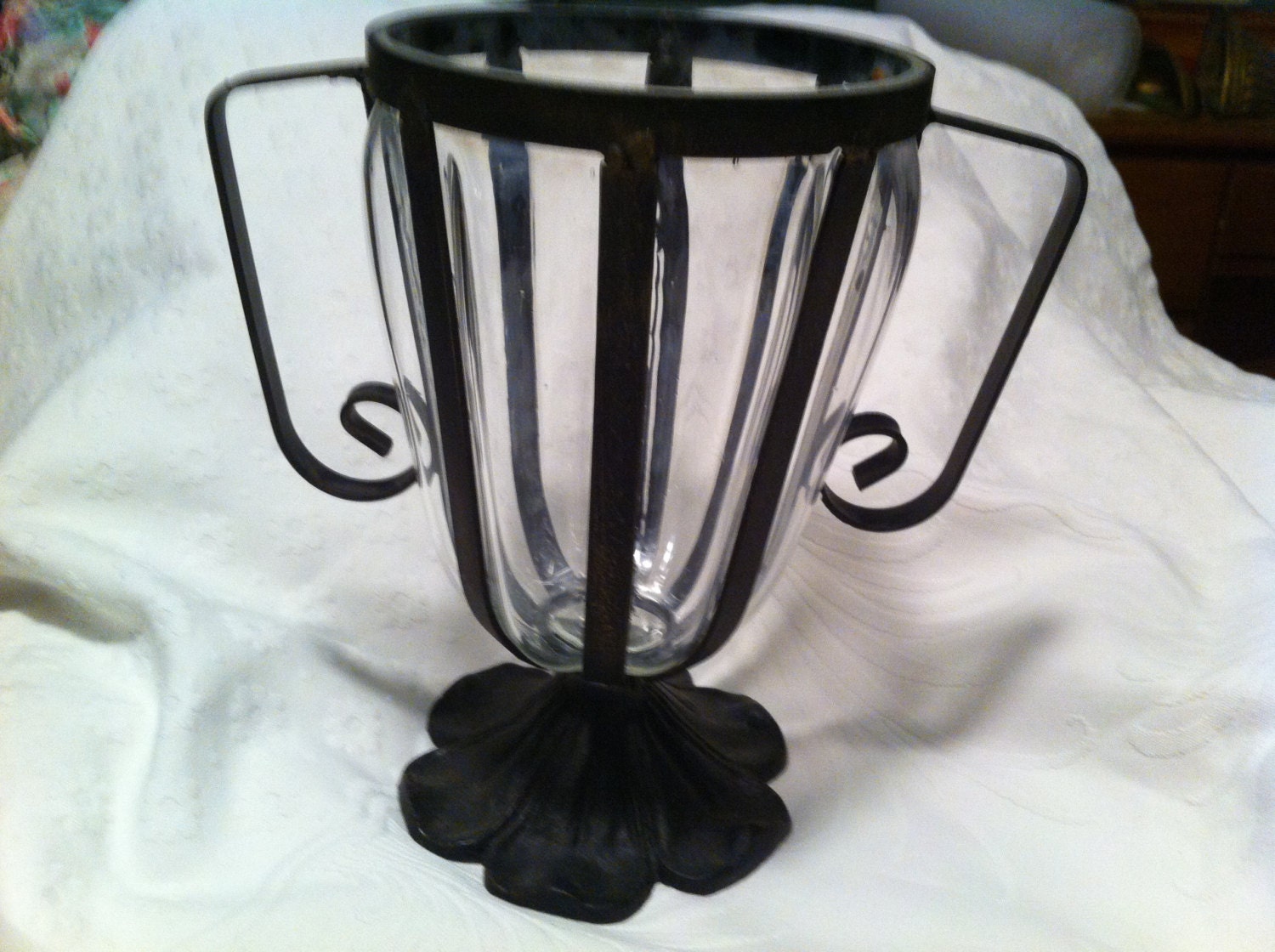 Vintage Glass and Wrought Iron Vase