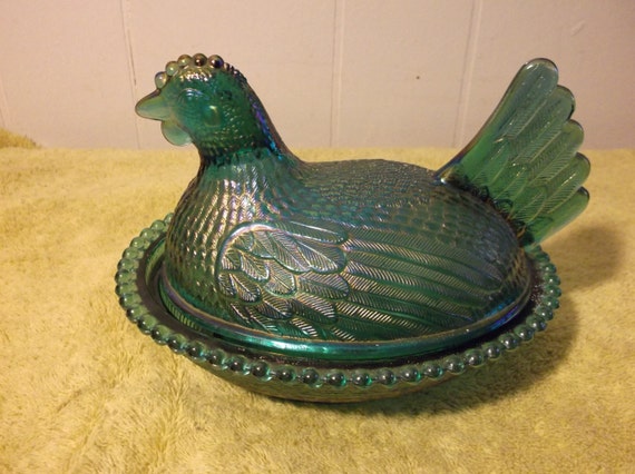 Vintage Indiana Green Carnival Glass Chicken Hen On By Cherylfound