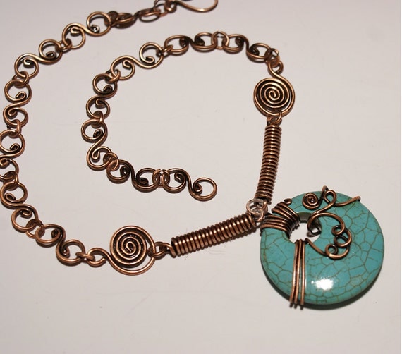 turquoise necklace  copper  wire wrapped jewelry handmade copper necklace