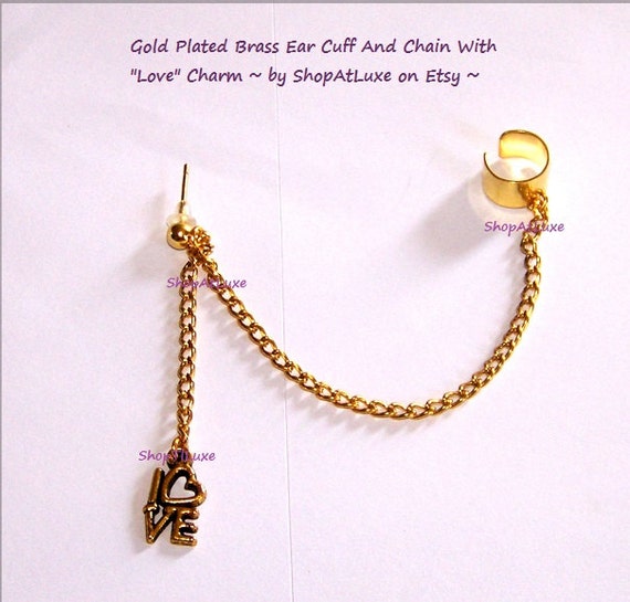 Gold Plated Copper Ear Cuff And Chain With Love Charm Earring