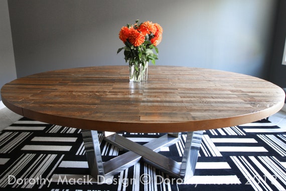 Custom Round Strip Wood Dining Table on Stainless Steel Base