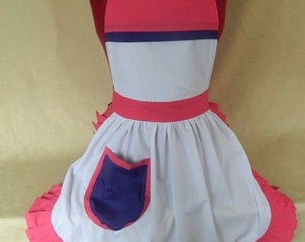 Vintage 50s Style Full Apron / Pinny - White, Pink & Purple
