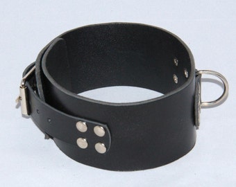 Handmade black leather collar about 2.36" (60 mm) wide with D-ring.