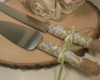 Custom Color Rustic Wedding Cake Server And Knife Burlap Lace Cutter Country Serving Custom Color Rustic Wedding Cake Server And Knife Burlap Lace Cutter Country Serving