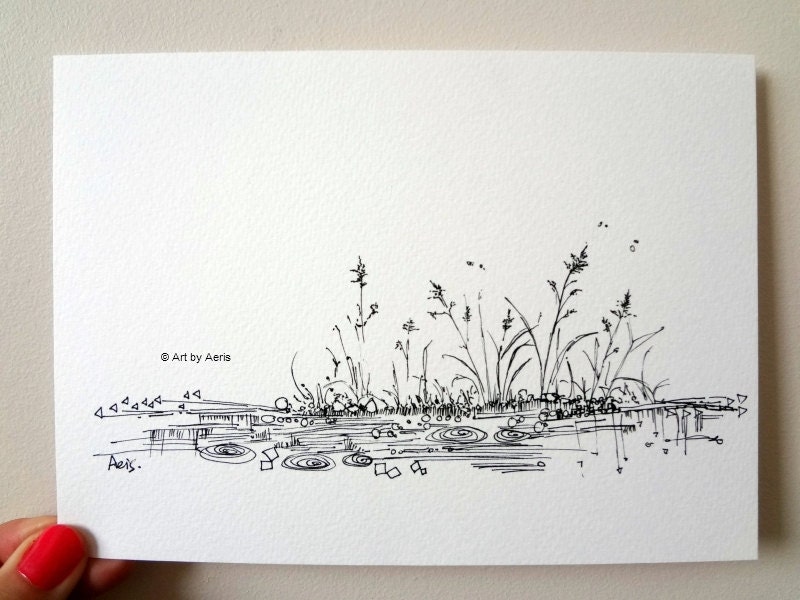 Rain Pond Ink Pen Print Original Ilustration Drawing by Aeris