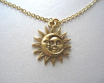 Gold Sun and Moon Pewter Charm Celestial Necklace, Gift for her