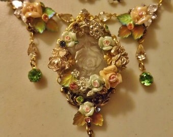 Victorian Wedding Necklace CUSTOM MADE Choker Porcelain Roses Rhinestones Vintage