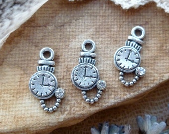 10x Little Pocket Watch, Alice In Wonderland White Rabbit Silver Charms C311