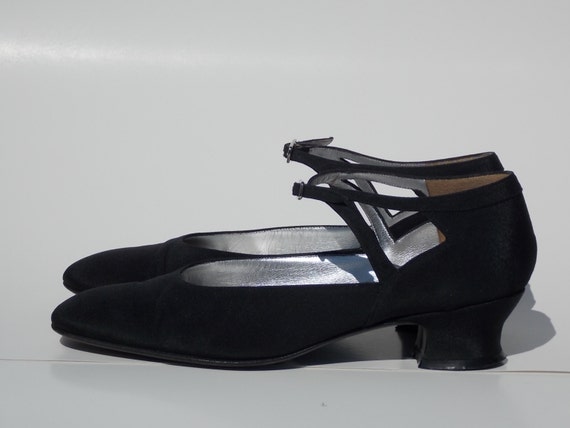 Vintage Joan Helpern Handmade Ladies Shoes Black Satin Ankle
