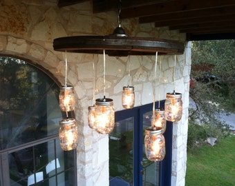Alternating Length Wagon Wheel Mason Jar Chandelier (small)
