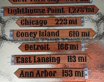Custom carved wood direction / distance pole signs - Carved on one side