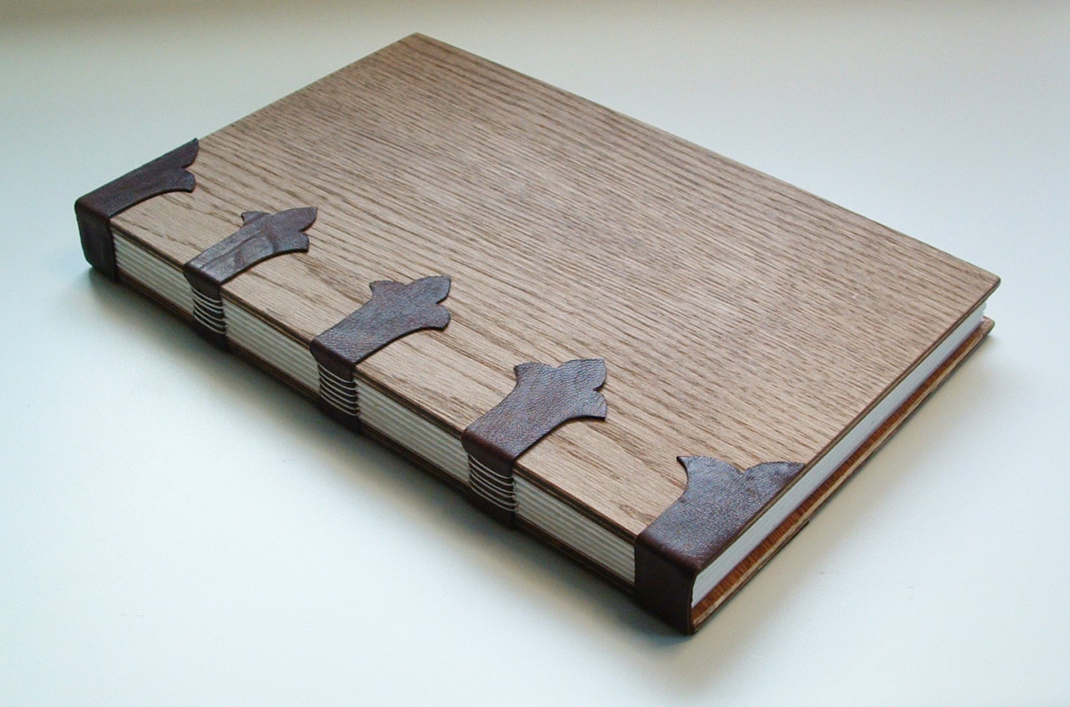 Elegant handmade book bound in dark brown goatskin and wood.