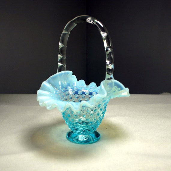 Fenton Blue Opalescent Glass Hobnail Basket Antique Home Décor