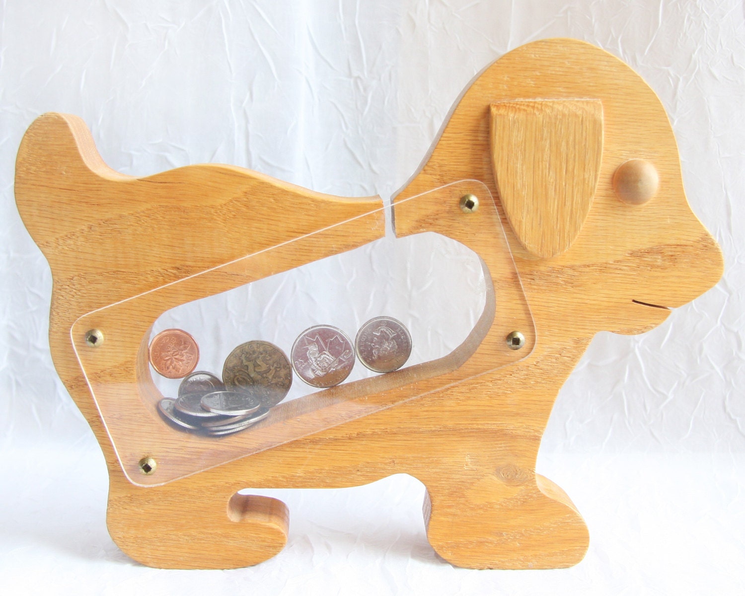 Wooden Toy 70s Vintage coin bank toy puppy cutout woodden