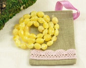 Baltic Amber Baby teething necklace Milky, polished, BIG olive beads in Lovely Linen gift bag