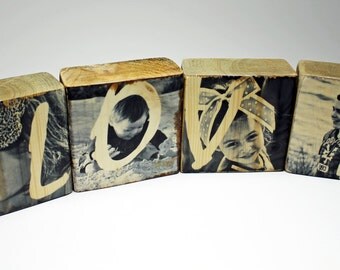 Photos on Wood: LOVE Personalized Photo Block Set, Family, Kids Photos, Photo Gift, Anniversary, Letter Blocks, Mothers Day, Mom Birthday