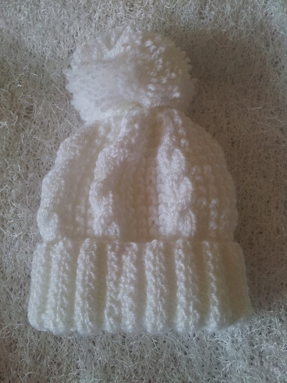 Fashionable and Gorgeous White Cable Handknitted Baby Boy Newborn Hat With Poppom