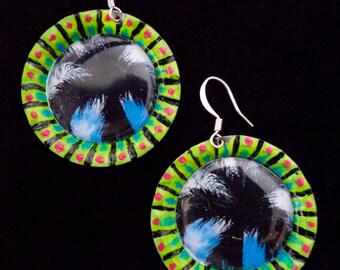 Palm Tree Ciel Bleu Upcycled Handpainted Bottle Cap Earrings