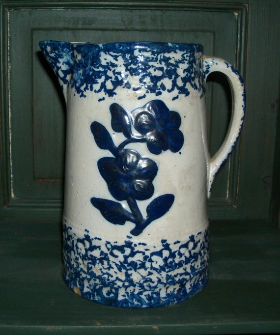 Antique Blue & White Spongeware Pitcher Rose Design