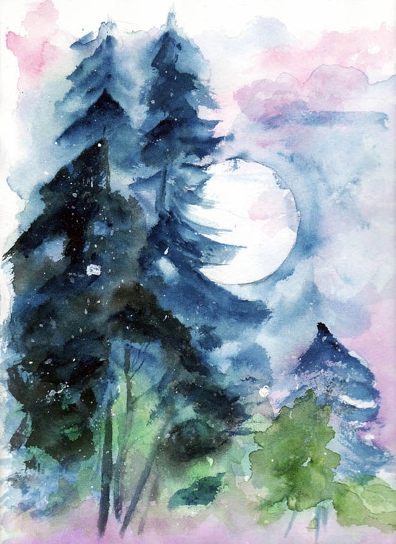 Items similar to Landscape watercolor trees moon dark bleu pink