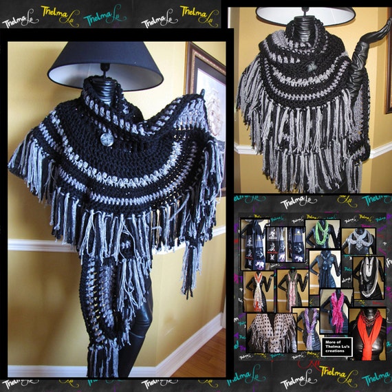 One of a kind UNISEX unique ULTRA fringed Sequin crocheted Shawl/Scarf/Cape/Poncho/Wrap