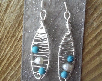 Turquoise and FreshWater Pearl Wire Earrings